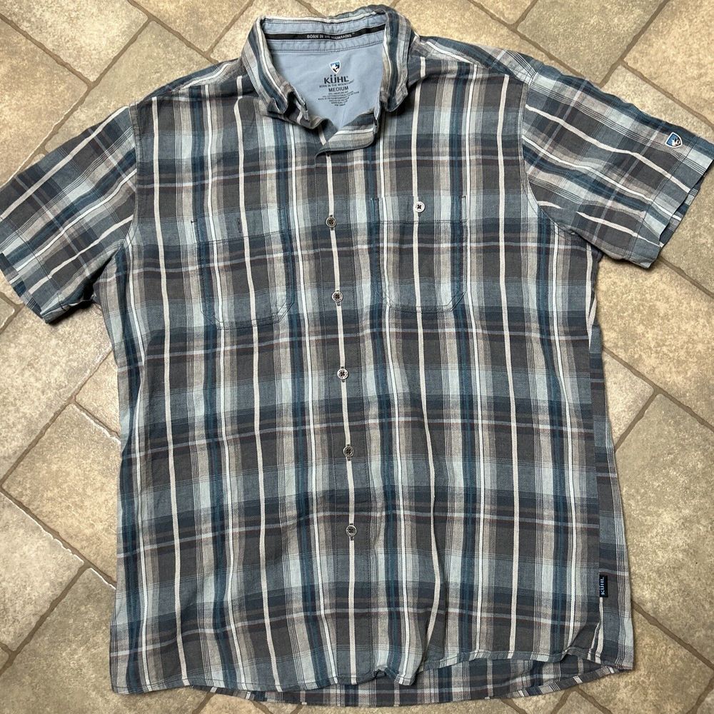 KUHL Button Up Shirt Men’s Medium Blue Plaid Linen Blend Metal Buttons